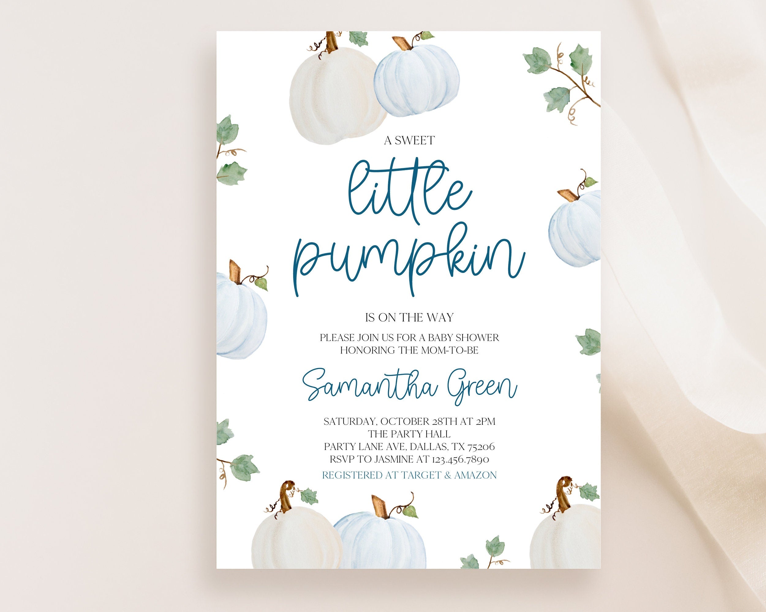 Charming Editable Blue Pumpkin Baby Shower Invitation - Perfect for Your Little Pumpkin Celebration!