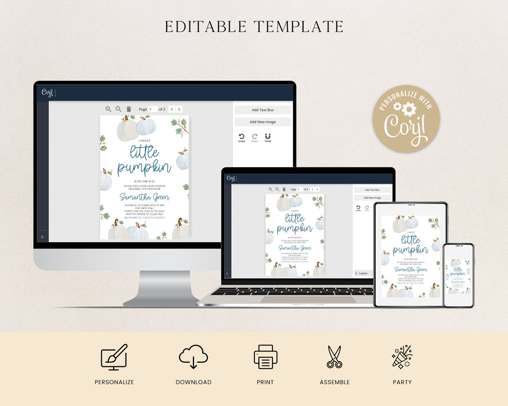 Charming Editable Blue Pumpkin Baby Shower Invitation - Perfect for Your Little Pumpkin Celebration!