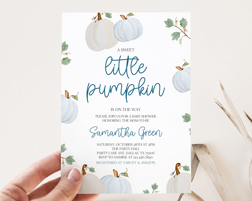 Charming Editable Blue Pumpkin Baby Shower Invitation - Perfect for Your Little Pumpkin Celebration!