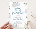 Charming Editable Blue Pumpkin Baby Shower Invitation - Perfect for Your Little Pumpkin Celebration!