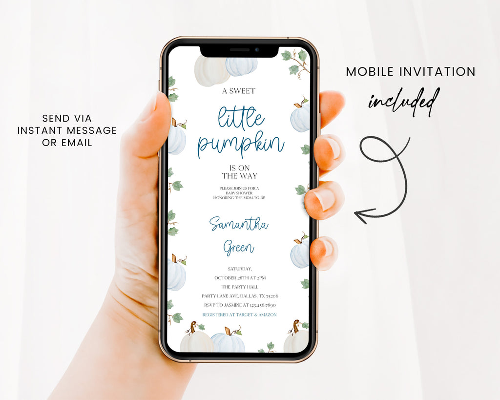 Charming Editable Blue Pumpkin Baby Shower Invitation - Perfect for Your Little Pumpkin Celebration!