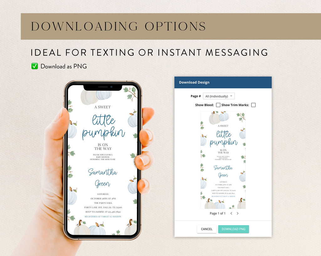 Charming Editable Blue Pumpkin Baby Shower Invitation - Perfect for Your Little Pumpkin Celebration!