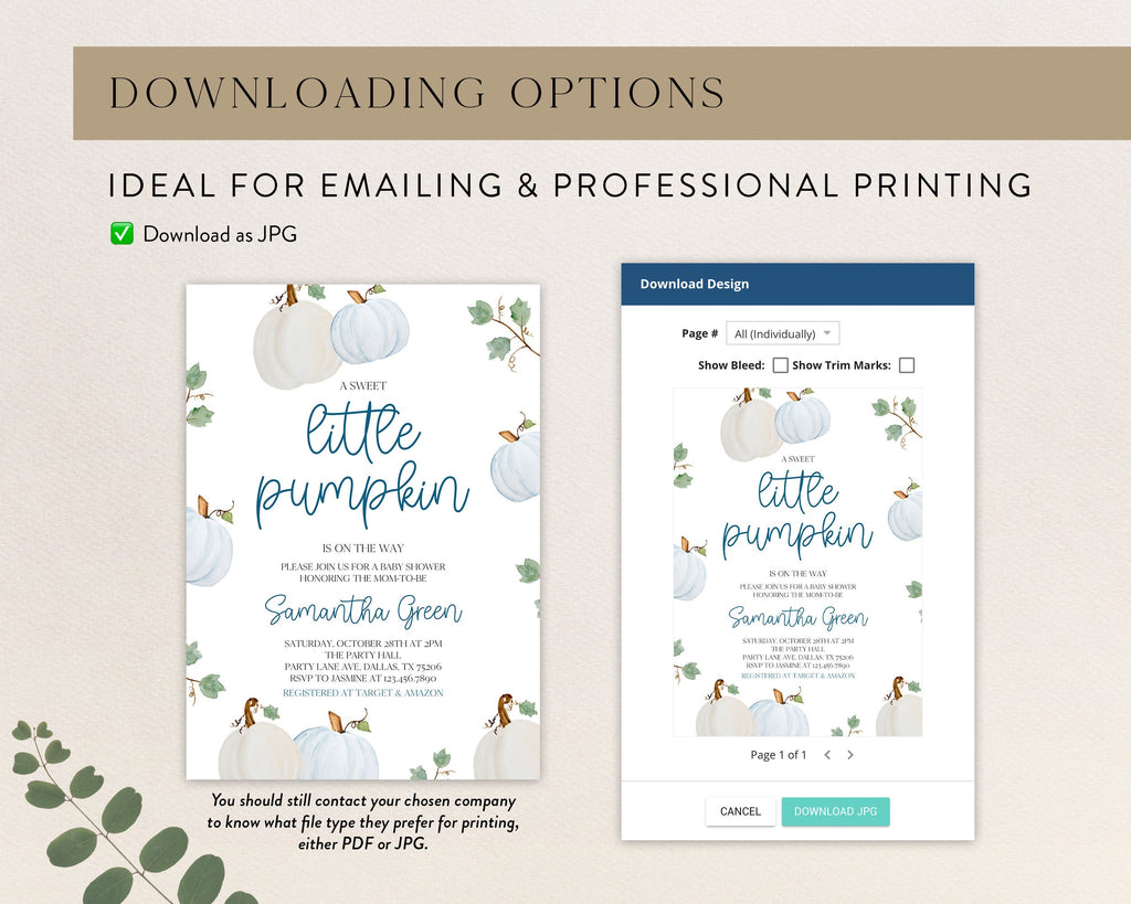 Charming Editable Blue Pumpkin Baby Shower Invitation - Perfect for Your Little Pumpkin Celebration!