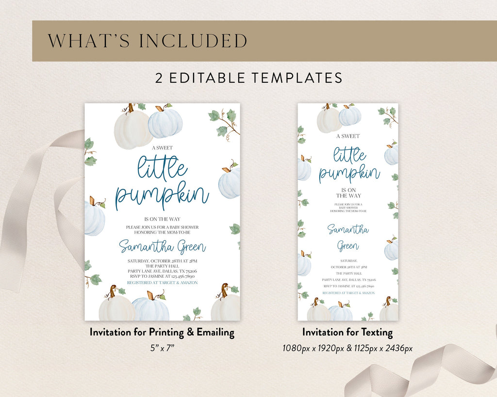 Charming Editable Blue Pumpkin Baby Shower Invitation - Perfect for Your Little Pumpkin Celebration!