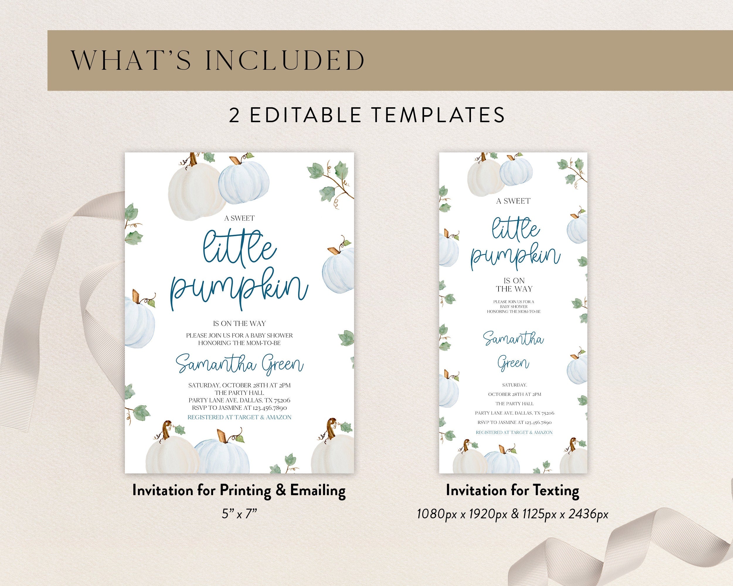 Charming Editable Blue Pumpkin Baby Shower Invitation - Perfect for Your Little Pumpkin Celebration!